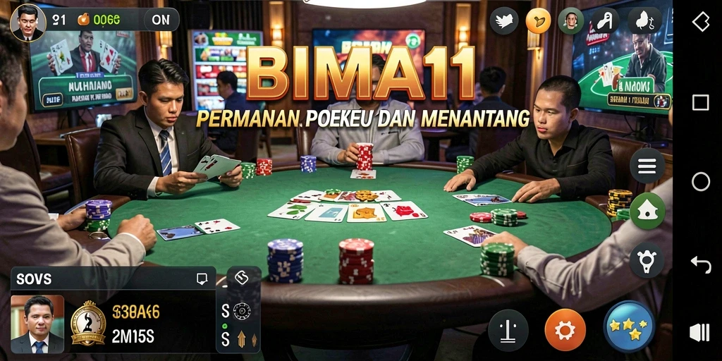 Screenshot gameplay BIMA11 dengan suasana permainan poker yang seru.