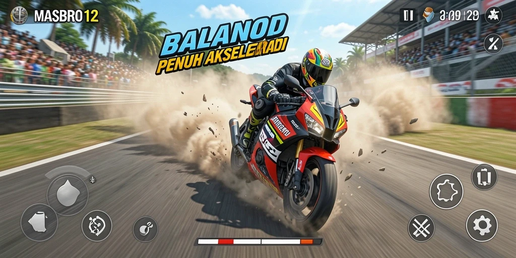 Screenshot utama MASBRO12 menampilkan aksi balapan motor yang menegangkan.