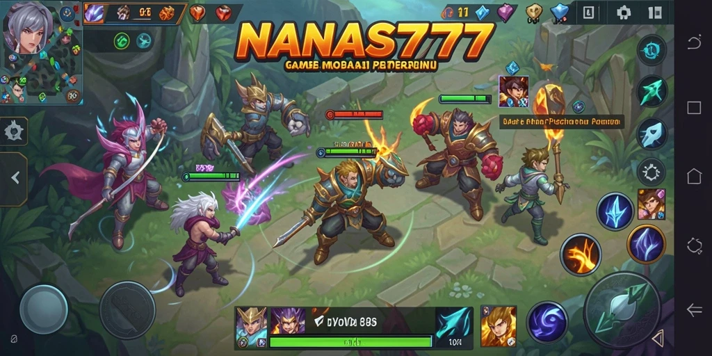 Screenshot gameplay <strong>NANAS777</strong> menampilkan pertarungan epik antara karakter di arena.