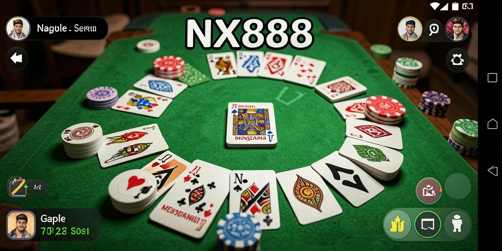 Tampilan gameplay NX888 dengan suasana kompetitif Gaple yang seru.