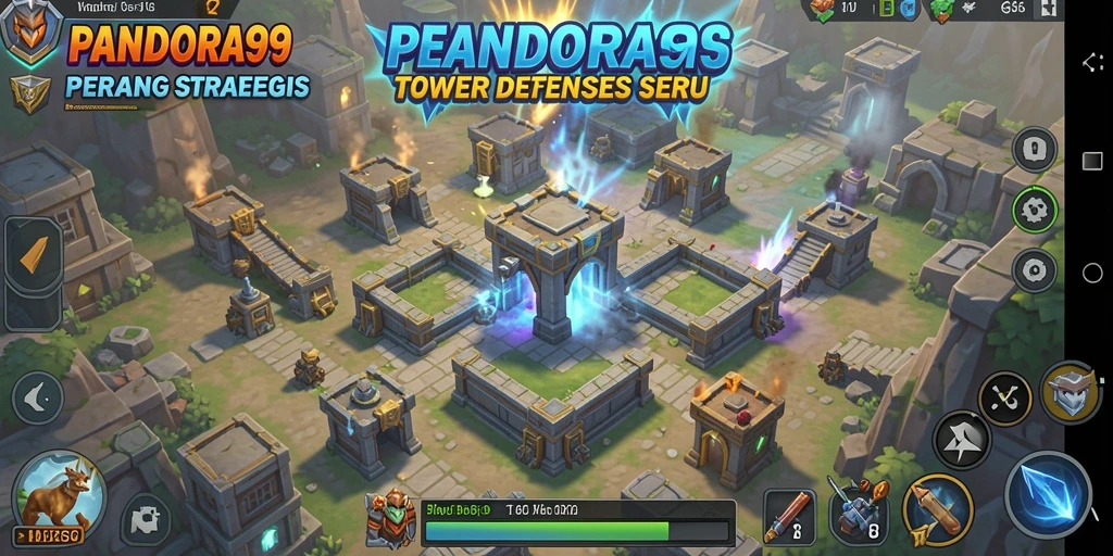 Screenshot PANDORA99 menampilkan aksi seru dalam pertahanan menara.