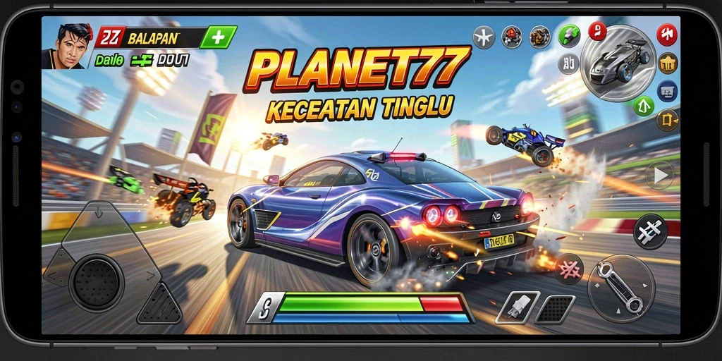 Tangkapan layar dari gameplay PLANET77 yang menampilkan aksi balapan yang mendebarkan.
