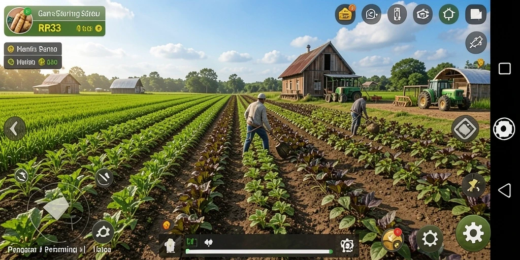 Screenshot gameplay RR33 menampilkan aktivitas bercocok tanam yang menyenangkan.