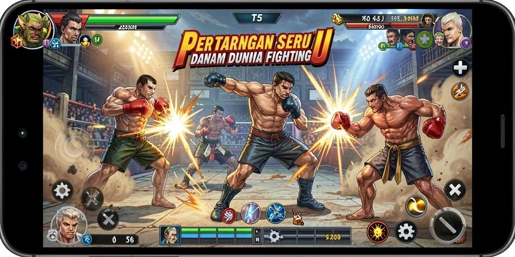Tangkapan layar utama T6 menampilkan pertarungan aksi seru di arena.
