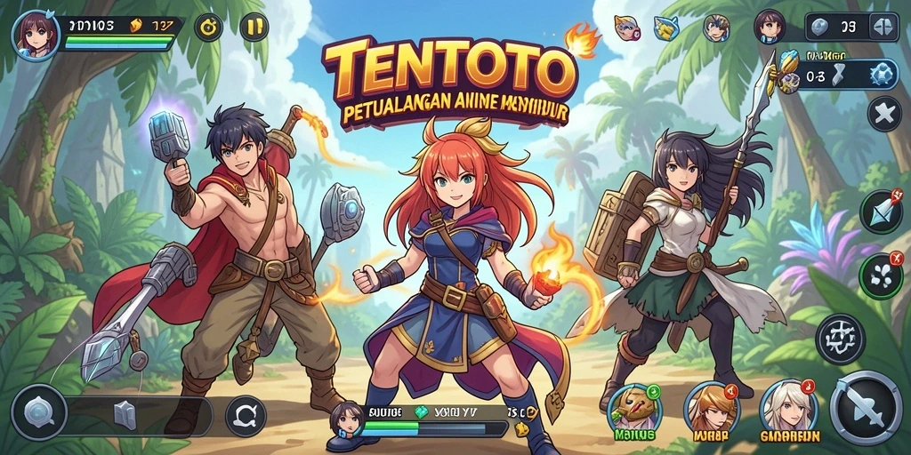 Tangkapan layar menunjukkan aksi seru dalam gameplay TENTOTO dengan karakter anime yang berwarna-warni.