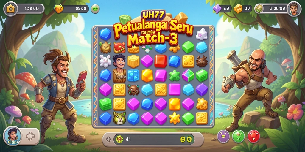 Tampilan gameplay UH77 dengan aksi pencocokan permata yang seru.