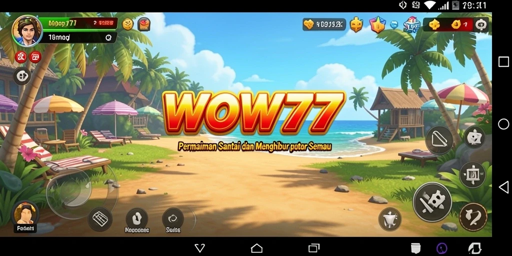 Tangkapan layar WOW77 menampilkan gameplay yang menyenangkan dan cerah.